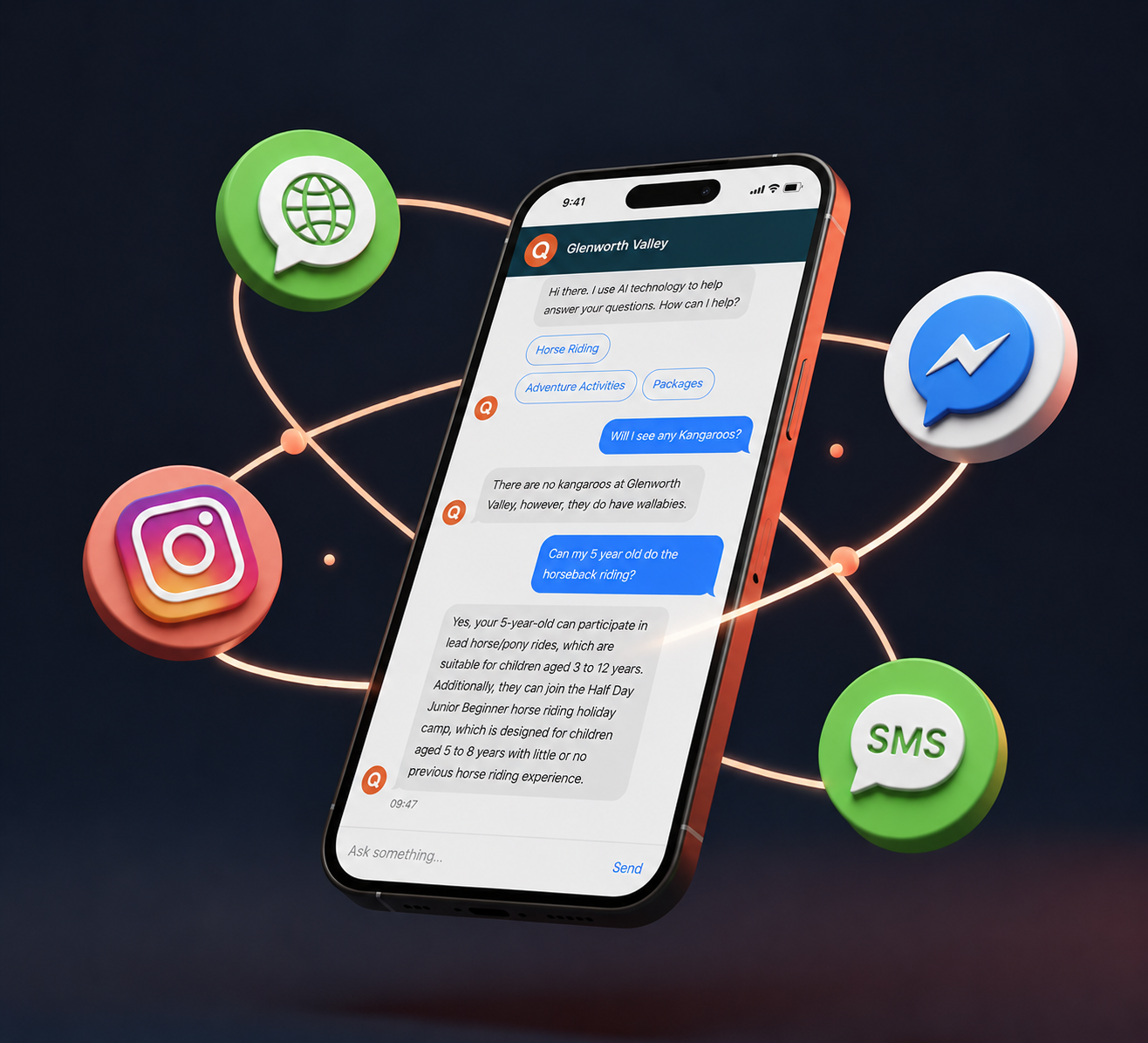 Yonder AI Chatbot on a phone connected to website and messaging channels